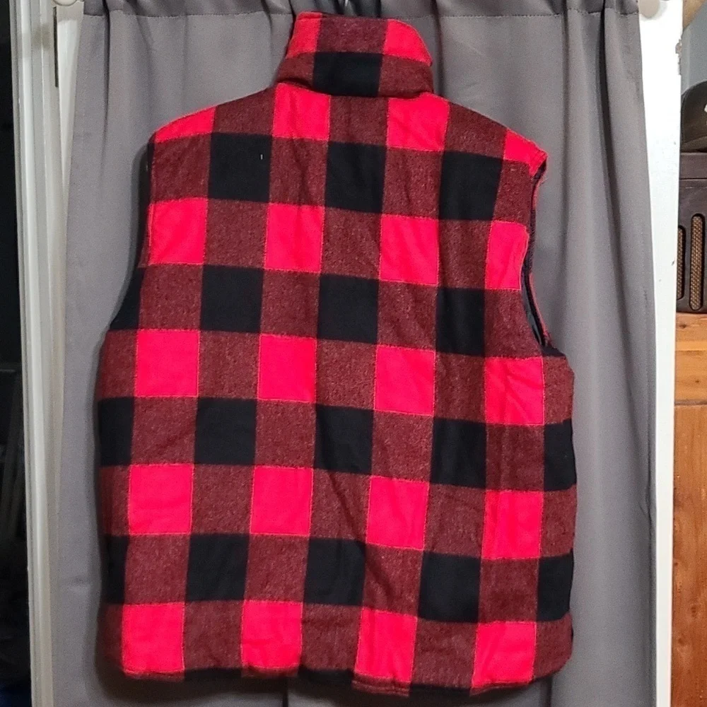 VTG St. Moritz Mens Reversible Vest Nylon/Flannel Red/Blk Plaid Zips Sz L EUC
